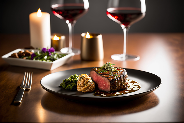 Fine restaurant steak dinner with two glasses of wine.