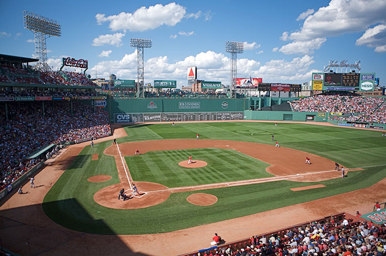View of Boston Red Sox Baseball Field from the upper deck Fenway Park