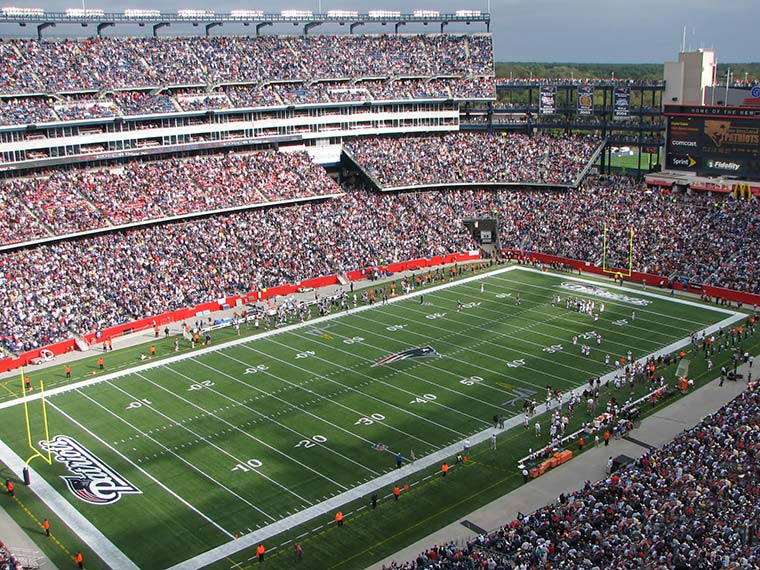 Upper stadium view of New England Patriots football field at Gillette Stadium