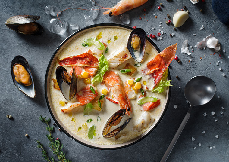 Boston chowder with lobster, mussels and scallops