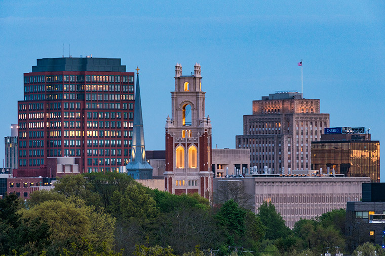 New Haven city skyline at dusk