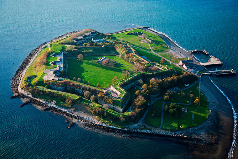 AERIAL VIEW of Fort Warren, a historic Civil War fort used as a prison, Boston Harbor, MA.
