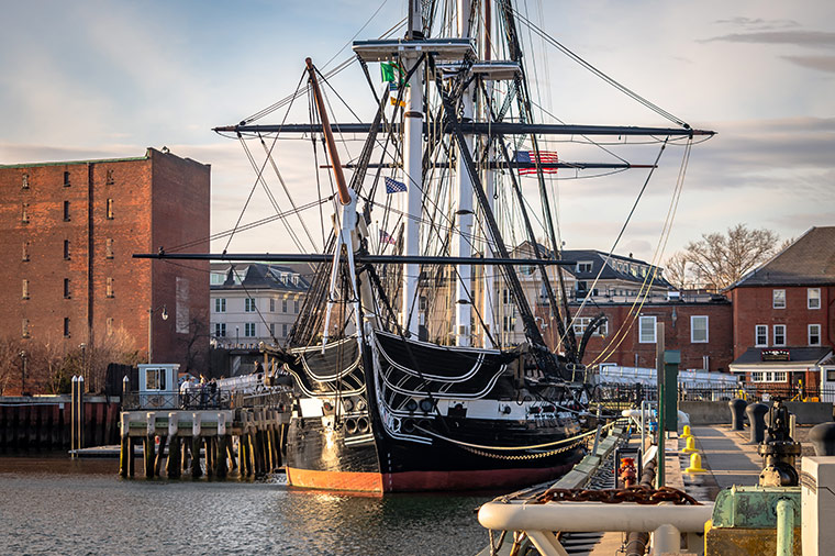 The USS Constitution tall sip docked in Boston